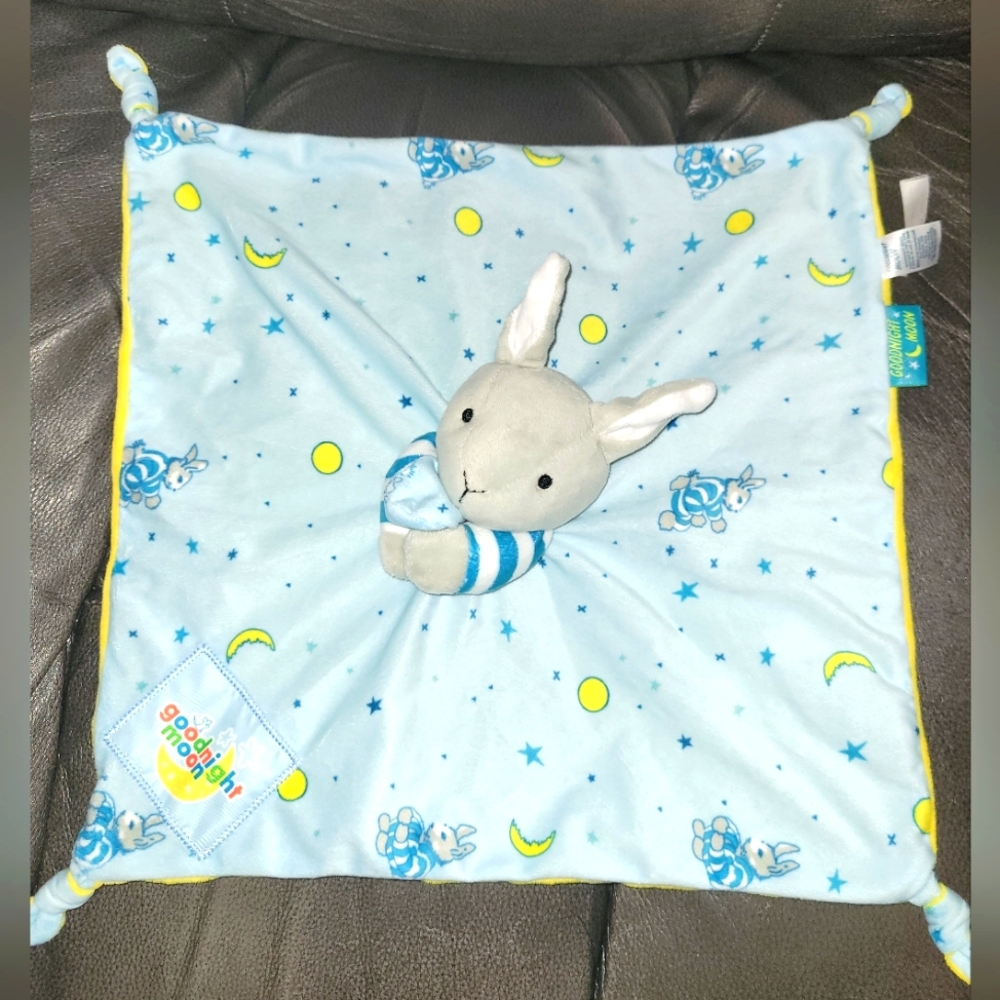 🐰 Good Night Moon Blue Yellow Bunny Plush Lovey Security Blanket Baby Boy Girl